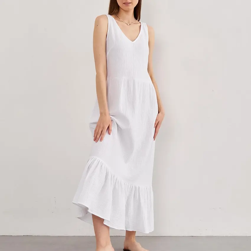 2022 yüksek kaliteli katı kayma pamuk beyaz pilili kadın salonu giyim tek parça pijama setleri