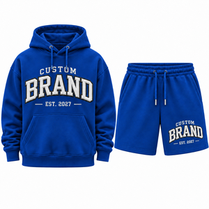 Conjunto de Sudadera con Capucha y Pantalones Cortos para Hombre, Marca Personalizada, Azul Rey, Felpa Francesa, Ropa Casual de Otoño, Diseño con Logotipo Frontal, Poliéster/Algodón Estampado - Product Image 1