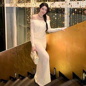 Robe longue femme épaules dénudées, dos nu, avec superposition transparente et taille cintrée, couleur unie, pour soirée, style décontracté et streetwear - Product Image 4