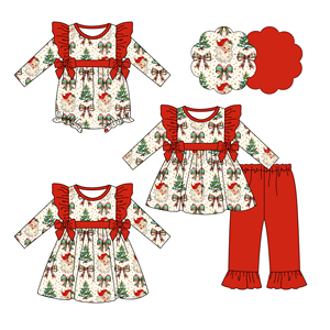 Preorder Cute Santa Trees Pattern Print Long Sleeve Fall <strong>Outfit</strong> Casual Western Style <strong>Children's</strong> Boutique Wholesale <strong>Christmas</strong> Set - Product Image 1