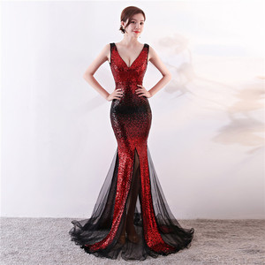 1378#New Long-style deep V sequined fish tail presides Evening Club evening dress, annual banquet car model evening dress