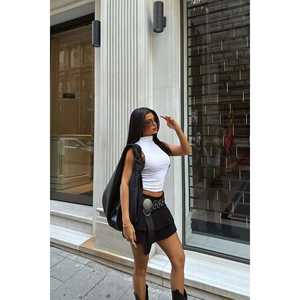 Mini <b>Skirt</b> for Girls <b>Black</b> <b>Pleated</b> Crocheted Woven Cotton Korean Style Ruffles Print Decorations XS Size Casual for Spring - Product Image 2