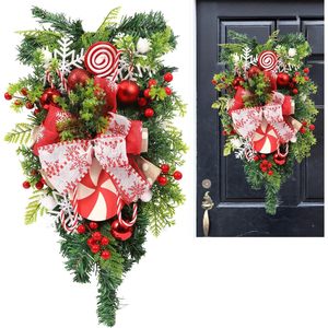 JoyFuncos Guirnalda Navideña en Forma de Lágrima, Decoración para Puerta con Bastones de Caramelo Rojos y Verdes, Guirnalda para Interiores y Exteriores con Adornos de Lazo - Product Image 1