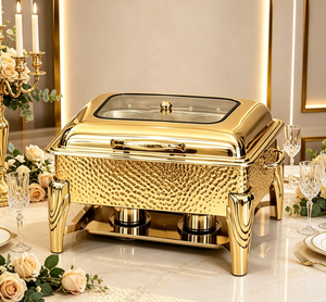 Lussuosa Pentola Dorata con Motivo a Martello; Fornello Riscaldante per Buffet in Acciaio Inox con Sistema Idraulico Visibile; Scaldavivande per Banchetti - Product Image 3