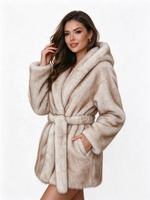 Manteau en fausse fourrure à capuche pour femme Zeyu, chaud et fourré, avec ceinture, ombré beige, mi-long, pour l'hiver, en fausse fourrure écologique, ODM / OEM