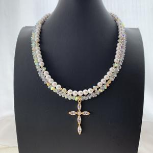 LS-C5271 שרשרת קסמיה מפוארת שרשרת פרח לב צלב שכבה כפולה מתנה קריסטל מים מתוקים - Product Image 6