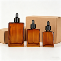 Flacon compte-gouttes en verre ambré rectangulaire carré de 30 ml, 50 ml, 100 ml, compte-gouttes noirs gratuits pour parfum, huile essentielle, emballage cosmétique