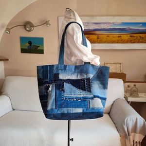 Denim <b>Patchwork</b> Shoulder <b>Bag</b> Custom Travel Fashion Women Tote Handbags Weekender Beach <b>Bags</b> Shopping Summer Autumn Recycled - Product Image 5
