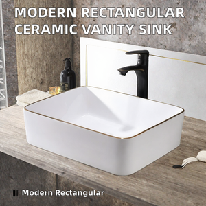 Lavabo de salle de bain rectangulaire moderne en céramique avec robinet à levier monotrou pour hôtel et villa - Product Image 2