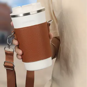 Tragbare Leder Tee tasse Abdeckung Abnehmbare Schulter Handtasche Kaffee Getränke halter Schutz becher Tasche Benutzer definierte Größe