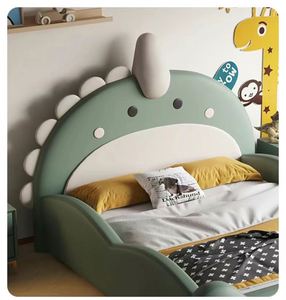 Cartoon Dinosaur Kids <b>Bed</b> with <b>Slide</b> & Guardrails Modern Full <b>Bed</b> for Boys Comfortable Solid Wood Minimalist Design - Product Image 6