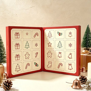 Wholesale Christmas Icon Calendar Box Vermilion <b>Red</b> Icon Grid Layout Premium Finish Holiday Gift Advent Calendar Packaging Box - Product Image 1