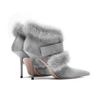 Bottines à talons aiguilles pour femmes grandes tailles, nouvelle collection automne-hiver 2026, grises, avec bordure en fourrure, bout pointu, design sexy à lanières, bottines tendance