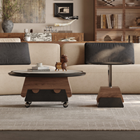 Ensemble de table basse ronde moderne avec plateau en pierre nano-microcristalline embossée, table de rangement en placage de bois avec table d'appoint