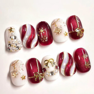 30 <span class=keywords><strong>Uñas</strong></span> Postizas Navideñas Rojas con Efecto Ojo <span class=keywords><strong>de</strong></span> Gato, <span class=keywords><strong>Uñas</strong></span> <span class=keywords><strong>Acrílicas</strong></span> Doradas 3D al por Mayor, <span class=keywords><strong>Uñas</strong></span> a Presión Medianas con Cobertura Completa y Pegamento - Product Image 2