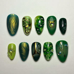 Uñas <span class=keywords><strong>Postizas</strong></span> al por Mayor, Hechas a Mano, 10 Piezas, Cobertura Completa, Forma de Almendra, Diseño Personalizado con Flores Talladas - Product Image 1