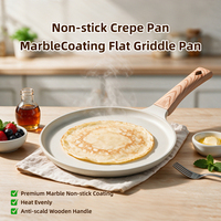 Poêle plate antiadhésive en marbre durable à faible consommation d'huile, avec manche ergonomique en bois, disponible en deux couleurs
