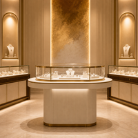 Vitrine à bijoux ovale moderne en verre avec base rainurée et surface incurvée éclairée par LED