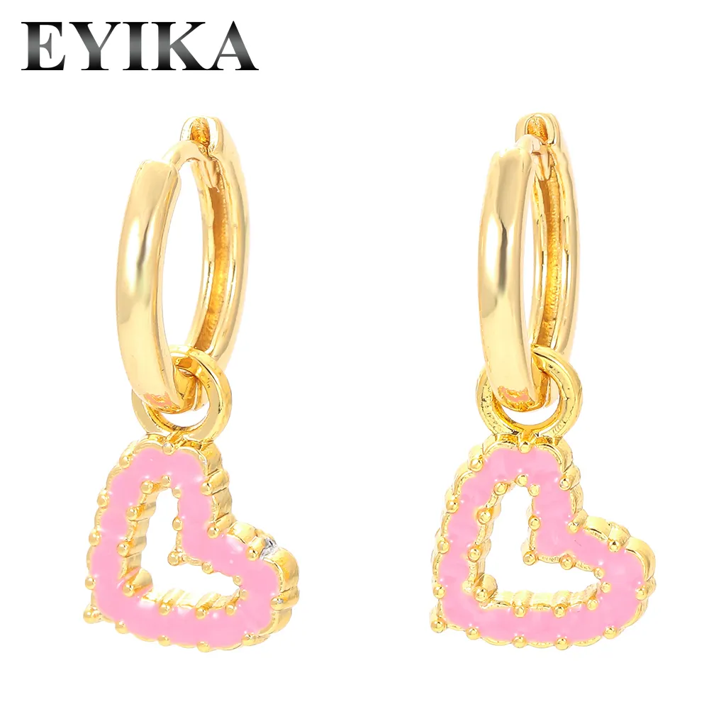 Perhiasan EYIKA Musim Panas Pelangi Enamel Bentuk Hati CZ Huggie Hoop Earrings Lucu Minimal Geometris Enamel Anting