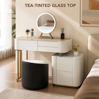 Ensemble de meubles de coiffeuse avec cadre en bois massif, plateau en verre, miroir LED et tiroirs à ouverture par pression pour chambre à coucher