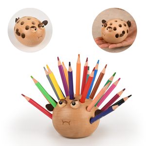 Cross-border wooden creative perforated pen holder, cute <b>hedgehog</b>-shaped colored pencil storage box for children's desktop - Product Image 1