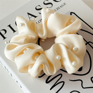 Nouveaux accessoires de mode pour femmes : Chouchous pour cheveux en tissu satiné couleur unie avec perles, grande taille, très élastiques et simples - Product Image 5