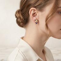 Boucles d'oreilles clous en laiton plaqué or 14K, motif ours mignon, émail cœur bleu, zircon coloré, pour femmes et filles