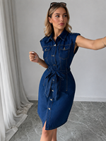 Robe en jean décontractée d'été pour femme, coupe ajustée, sans manches, brodée, avec cordons de serrage, devant entièrement ouvert, jupe mi-longue, finition cirée