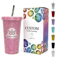 Gobelet à café de luxe en acier inoxydable à double paroi sous vide, 16oz 25oz, incrusté de strass effet diamant, avec paille, pour femmes, idéal comme cadeau