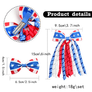 Lot de 3 pinces à cheveux pour filles, thème Fête de l'Indépendance, rouge, blanc, bleu, avec nœuds en ruban bouclé drapeau américain, accessoires patriotiques du 4 juillet - Product Image 2