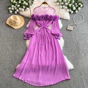 <span class=keywords><strong>Robe</strong></span> à manches longues pour femme, élégance printanière, fleurs en relief, ceintures à nouer, coupe trapèze plissée - Product Image 1