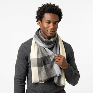 Lightweight Fine Merino Wool Designer Hand Loom Woven Dobby Checkered Long Length Scarf Shawl Soft Cozy Neck Wrap Fringes Men's - Product Image 3