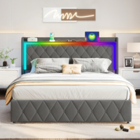Tempat Tidur Penyimpanan Hidrolik Berlapis Beludru Grey Diamond Tuft dengan Headboard LED RGB yang Dapat Dikontrol via Aplikasi dan Stasiun Pengisian Daya USB Type C
