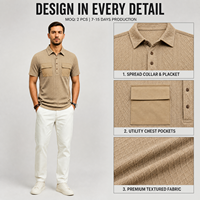 Polo jacquard à manches courtes pour homme, en polyester, multi-poches, col contrastant, décontracté, pour l'été