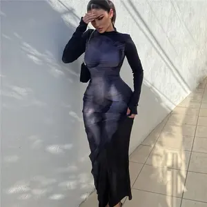 Kliou K22D22180性感独特高街时尚女装3D人体印花长袖独特塑身马克西连衣裙