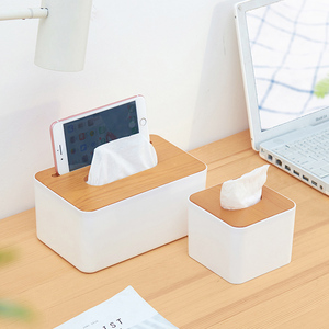 Caja de toalla de papel duradera de plástico, cubierta de madera de bambú con ranura para <span class=keywords><strong>teléfono</strong></span> móvil, contenedor de pañuelos para servilletas - Product Image 4