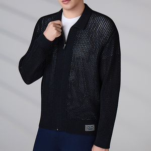 Cardigan en tricot de coton pour homme, design personnalisé avec logo, ajouré, léger, col à revers, crocheté, avec fermetures éclair - Product Image 4