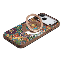 Casing Ponsel Vintage Cork Boho Floral Mandala Texture dengan Cincin Magnetik Berputar dan Penyangga, Kompatibel dengan Apple Seri 18/17/16/15/14