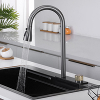Robinet de cuisine à double trou en acier inoxydable, cascade Fly Rain avec douchette extractible, pour grand lavabo simple