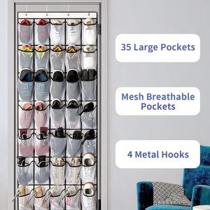 Organizador de zapatos con 35 bolsillos para colgar sobre la puerta, almacenamiento de malla para zapatos detrás de la puerta, montaje en pared, color blanco - Product Image 5