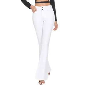 Fashion Double Button Fly Solid White Colored Skinny Women Flare Jeans Factory Sale Bell Bottom Pants