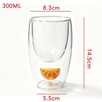 Lot de 2 gobelets en verre à double paroi de 300 ml, isolés, résistants à la chaleur, avec motif mignon en forme de tranches d'orange, sans BPA, durables, cadeau de fête