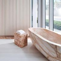 Dalles de dolomite rose corail |   Veinage de rose à faible saturation avec cristaux blancs |   Mur décoratif et plan de toilette |   Pierre de luxe pour projets