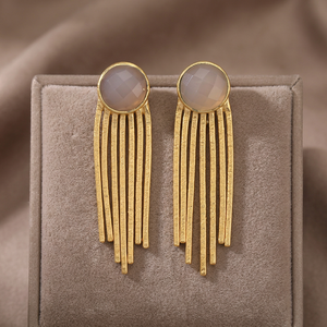 Nuevos Aretes Colgantes con Piedras Preciosas Gris Claro Dorado, Diseño de Cadena, Estilo Étnico para Boda o Compromiso - Product Image 2