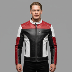 Blouson de moto en cuir PU rouge, noir et blanc pour homme, col montant, fermeture éclair, style motard, color block - Product Image 1