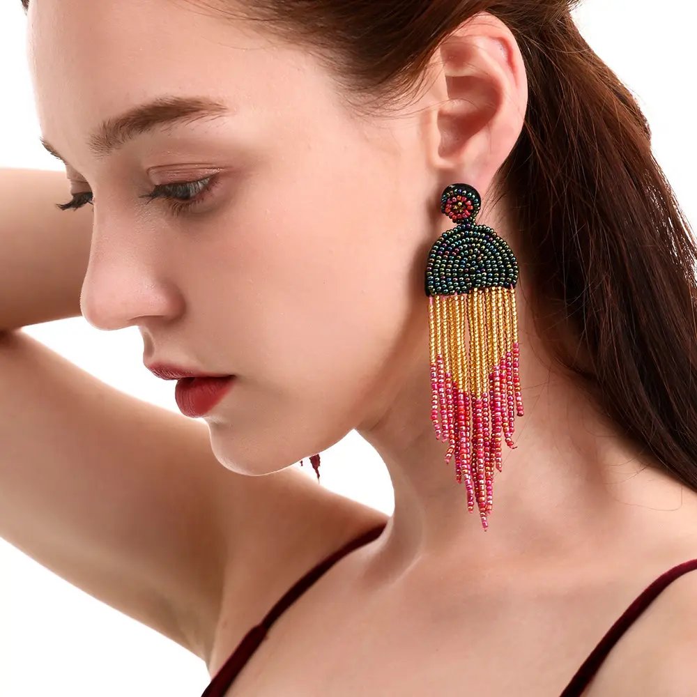 Bohemia Long Women Handmade Fringe Seed Bead Fashion Tassel Beaded Statement Earrings