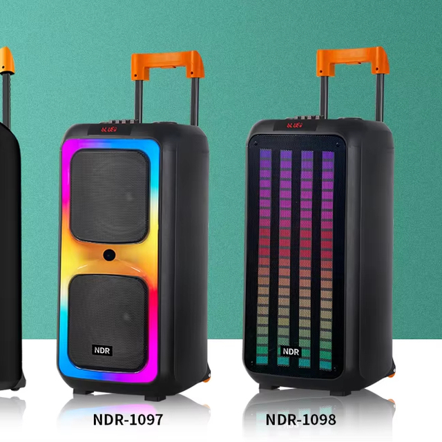 NDR-1610 Dual 10 Inch Wireless Trolley Mic High Quality Karaoke BT Speakers RGB LED 50W Outdoor Parties DJs Computer Use