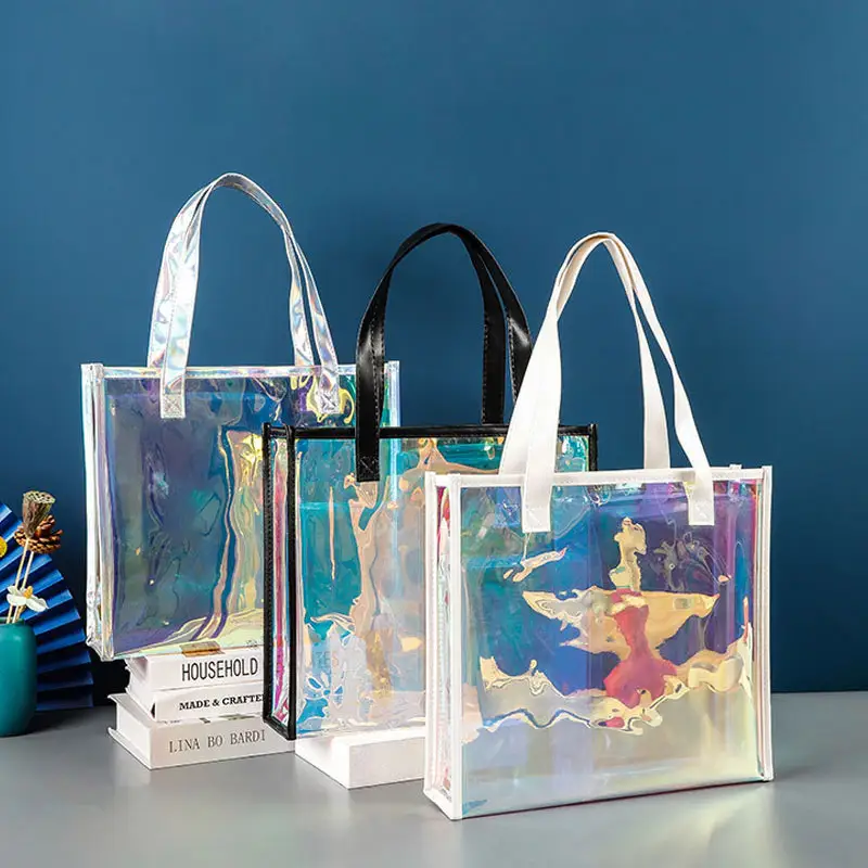 Phong cách mới thời trang có thể tái chế nóng bán trong suốt ưa thích Laser Holographic PVC Tote Túi chất lượng tốt có thể gập lại với xử lý