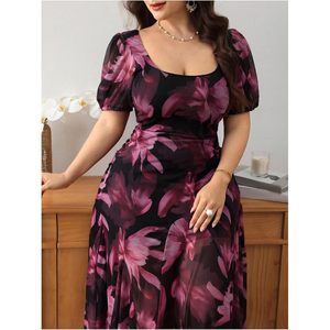 Vestido largo de malla floral de talla grande para mujer, con cuello cuadrado, manga abullonada, línea A, fluido, para cóctel o invitada de boda - Product Image 5