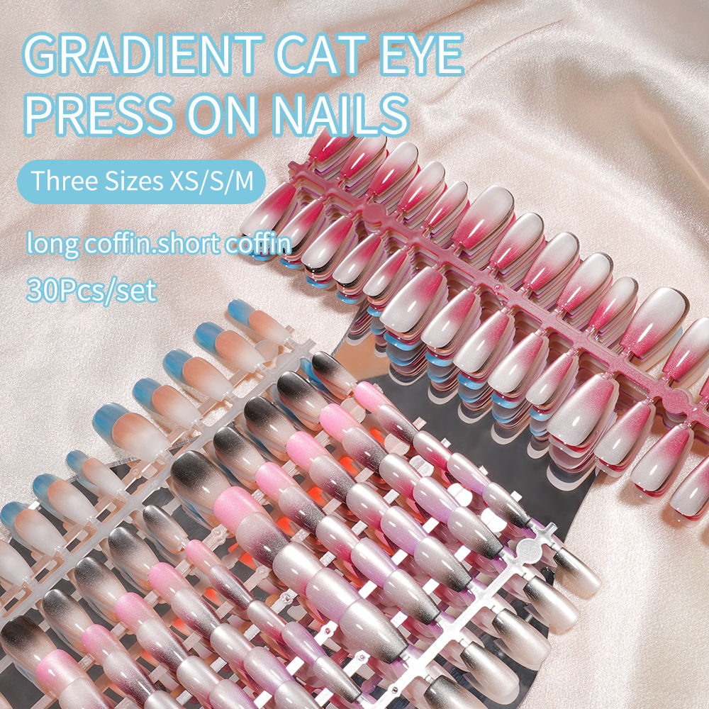 Wholesale Wear False Nails 30pcs Long and Short Coffin Gradient Cat Eye Press on Nails Tip